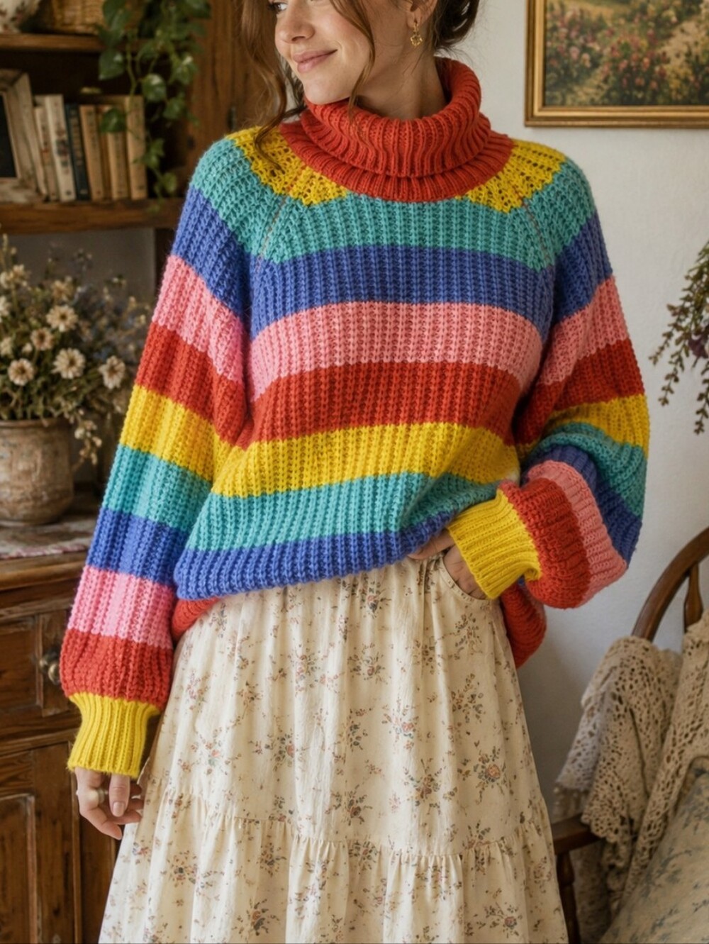 Debut Rainbow Striped Turtleneck Sweater  S/M Multicolor Chunky Knit Pullover